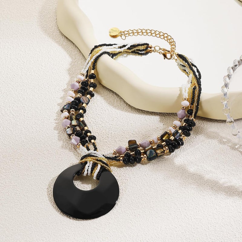 Coiris Shell Pendant Statement Strand Necklace for Women Boho Multi Beads Natural Stone Colorful Necklace Bohemian Handmade Chunky Shell Beaded Collar Jewelry for Women - Image 5